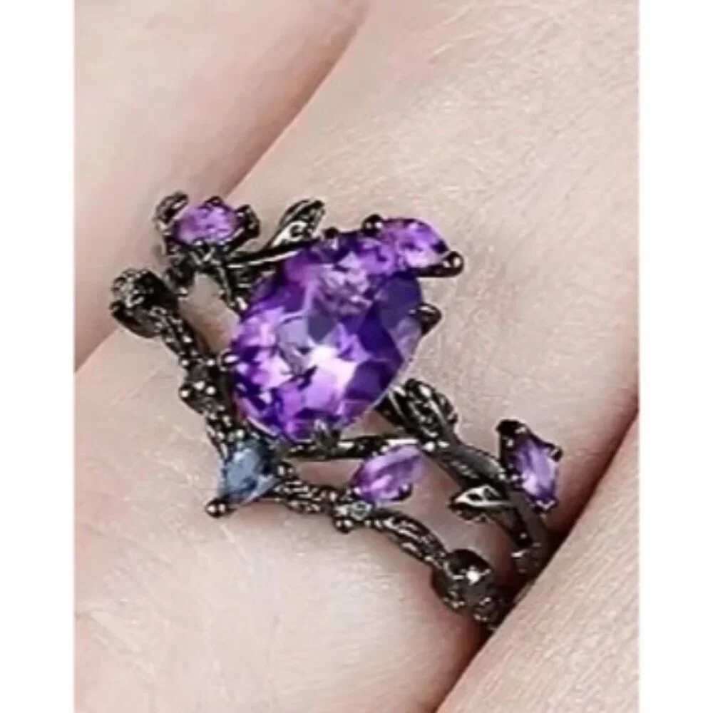 Oval Shape Amethyst Black Engagement Wedding Ring Set In Rhodium black plating
